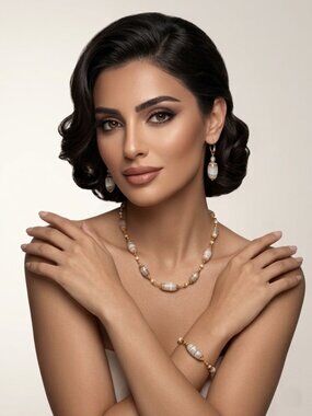 22K Gold Plated, White Agate, Mother of Pearl 3 Piece Jewelry Set.